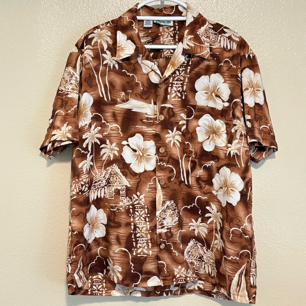 Vtg Ten 2 One Large Brown White Hawaiian Shirt Aloha Camp Tropical Floral Tiki